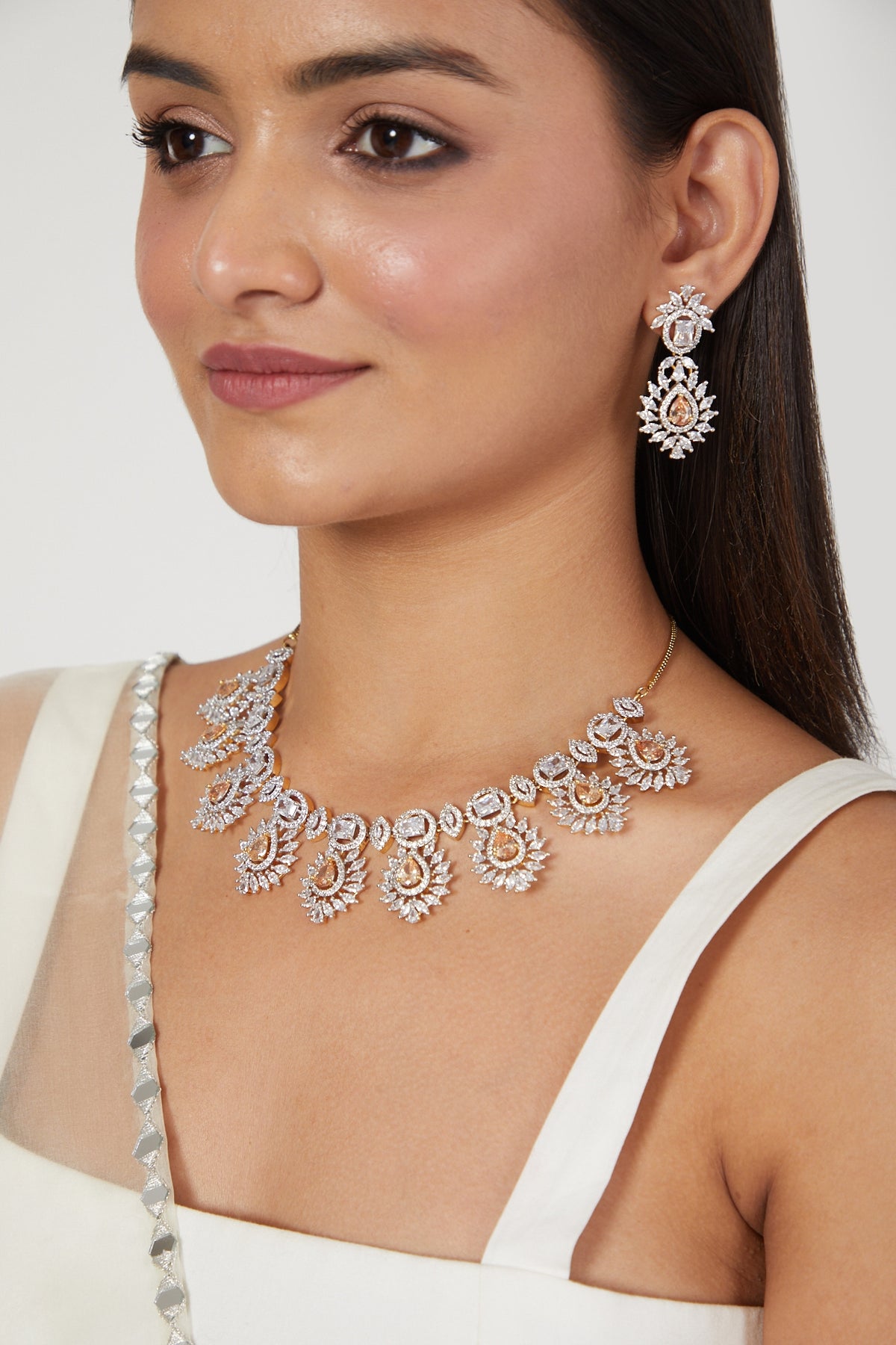 Gold Finish Zircon & Champagne Stone Necklace Set