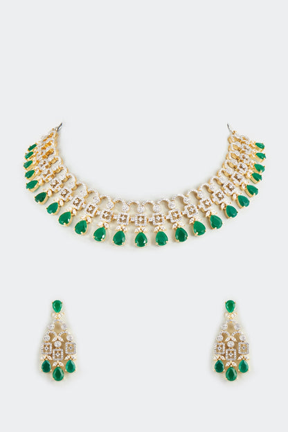 Gold Finish Emerald Synthetic Stone & Zircon Necklace