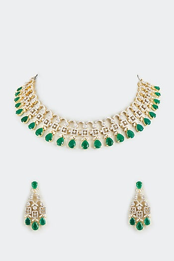 Gold Finish Emerald Synthetic Stone & Zircon Necklace
