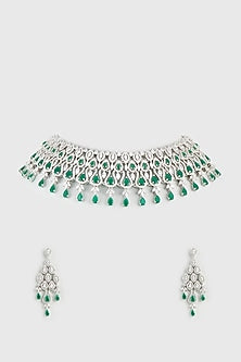 White Finish Emerald Synthetic Stone & Zircon Necklace