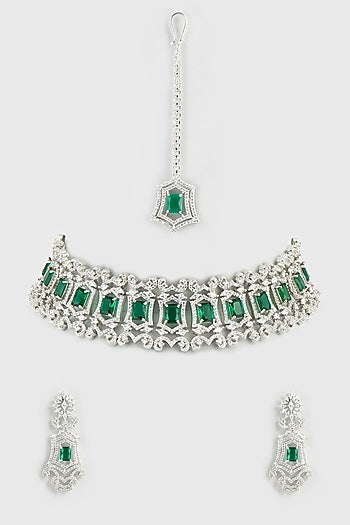 White Finish Emerald Synthetic Stone Choker Necklace