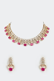 Gold Finish Ruby Synthetic Stone Necklace Set
