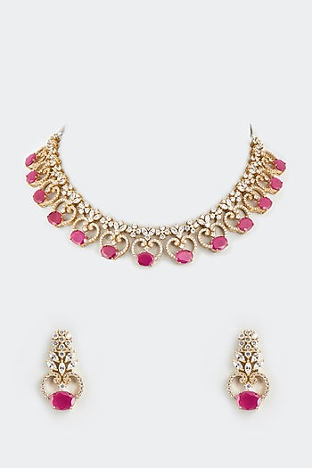 Gold Finish Ruby Synthetic Stone Necklace Set