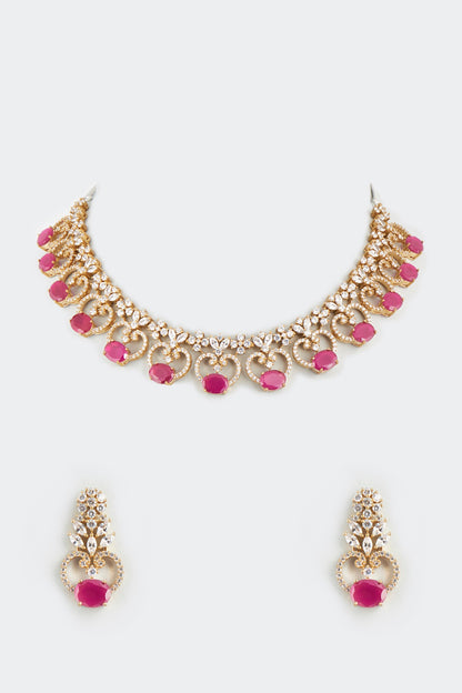 Gold Finish Ruby Synthetic Stone Necklace Set