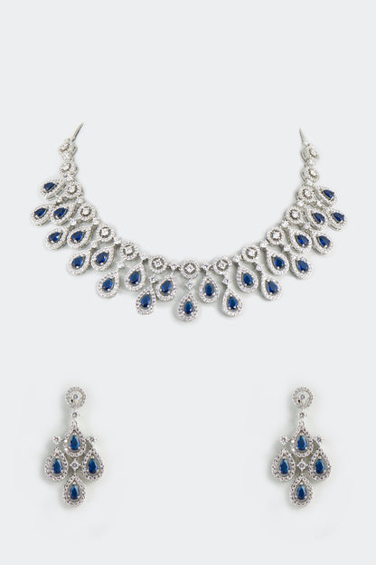 White Finish Necklace With Sapphire Synthetic Stones