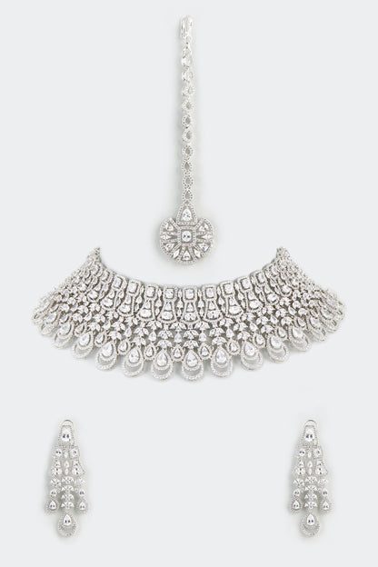 White Finish Necklace With Faux Diamond