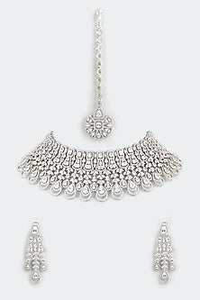White Finish Necklace With Faux Diamond