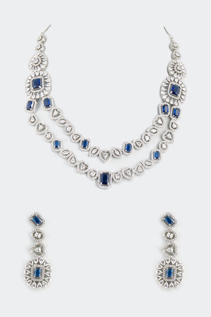 White Finish Sapphire Synthetic Stone Layered Necklace