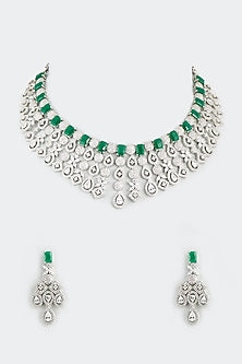 White Finish Faux Diamond & Synthetic Stone Neckalce
