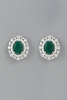 White Finish Green Synthetic Stone Stud Earrings