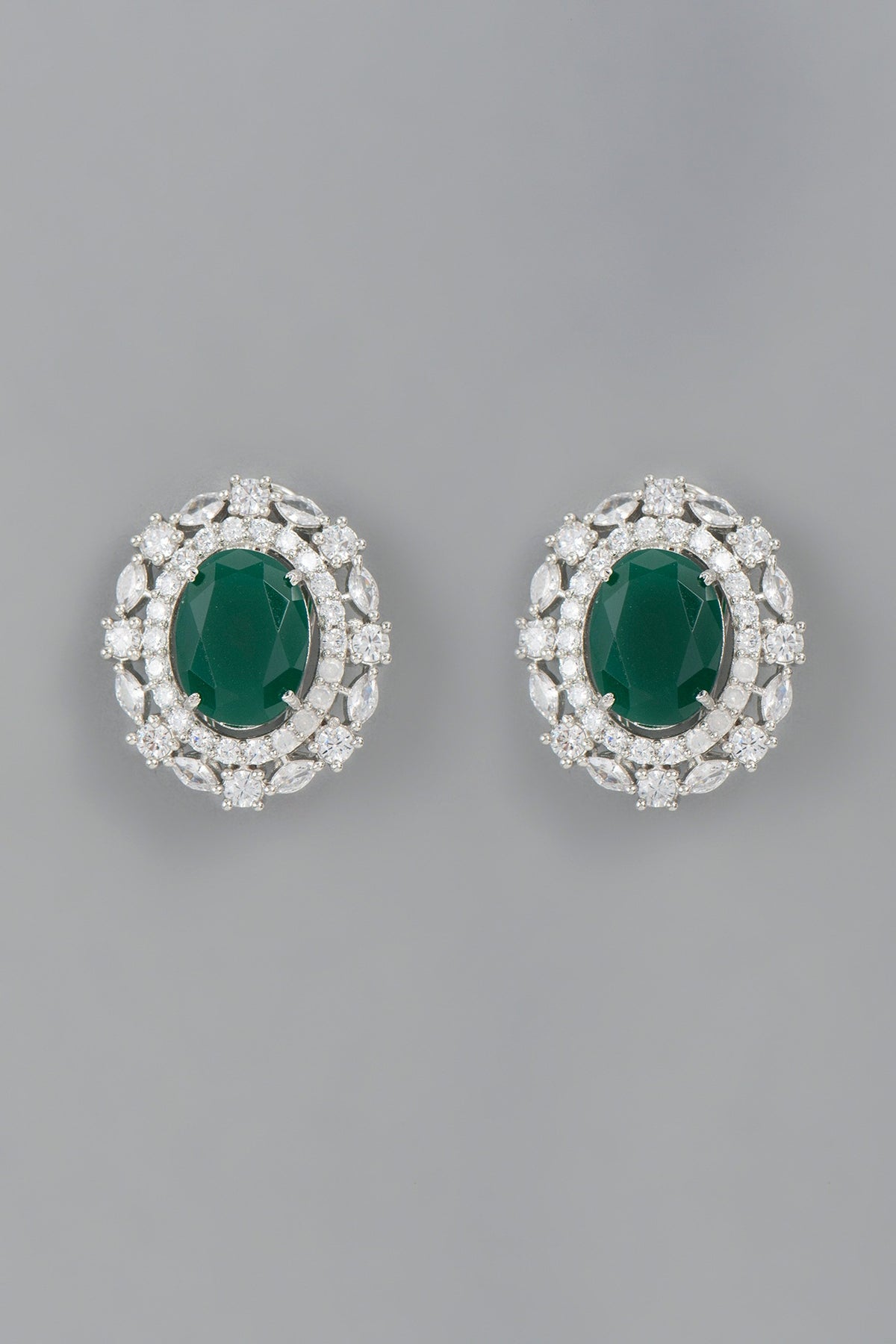 White Finish Green Synthetic Stone Stud Earrings