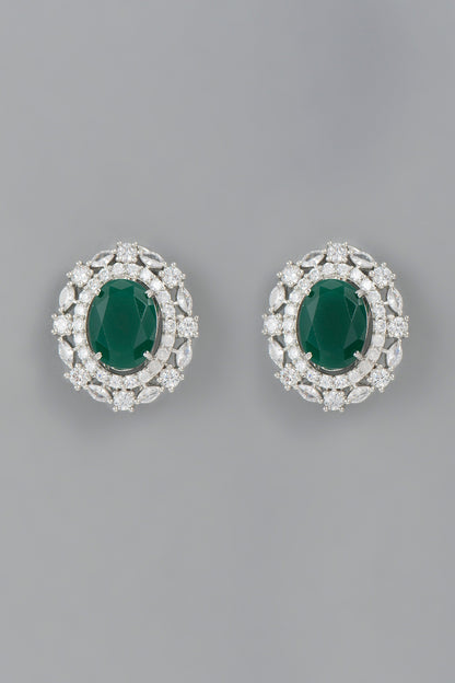 White Finish Green Synthetic Stone Stud Earrings
