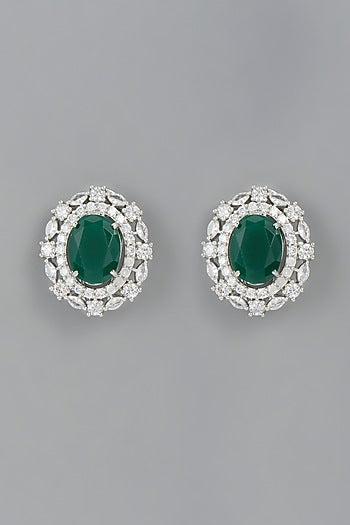 White Finish Green Synthetic Stone Stud Earrings