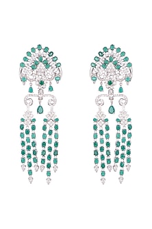 White Finish Faux Diamonds & Green Stones Dangler Earrings