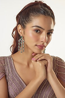 White Finish Zircon & Synthetic Emerald Stone Dangler Earrings