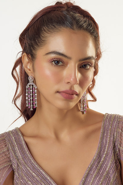 White Finish Zircon & Synethtic Ruby Stone Dangler Earrings