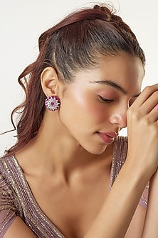 White Finish Zircon & Synthetic Ruby Stone Stud Earrings