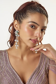 White Finish Zircon & Emerald Stone Dangler Earrings