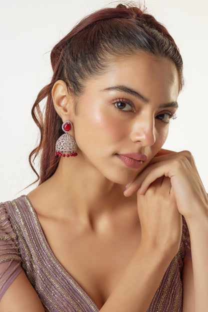 White Finish Zircon & Ruby Synthetic Stone Jhumka Earrings