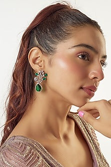 White Finish Zircon & Green Stone Dangler Earrings