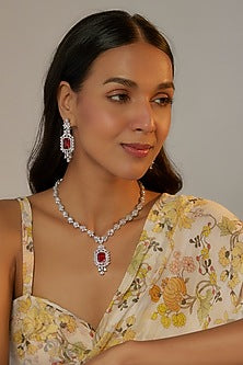 White Finish Zircons & Red Stone Necklace Set