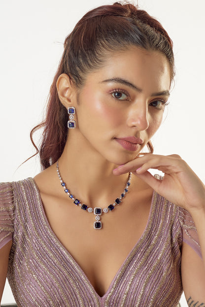 White Finish Sapphire Stone & Zircon Necklace Set