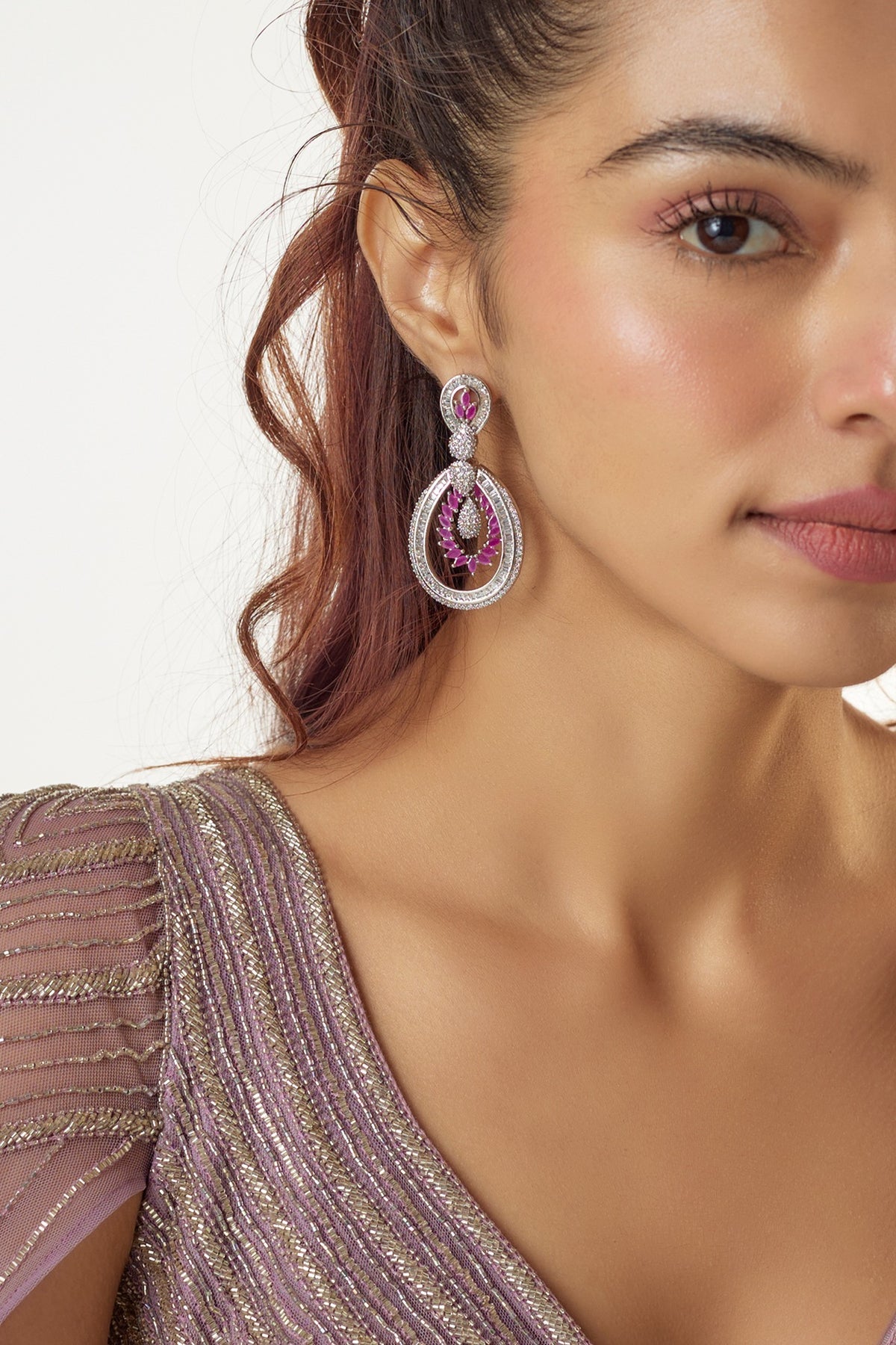 White Finish Ruby & Zircon Dangler Earrings