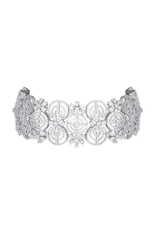Featuring a white finish choker necklace studded with faux diamond, set in mixed metal.

COMPOSITION: Mixed metal.
CARE: Store them in moisture free areas and keep them away from water and liquid fragrances.