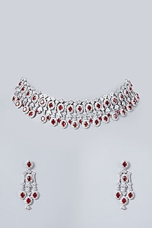 White Finish Red Faux Diamond Necklace Set