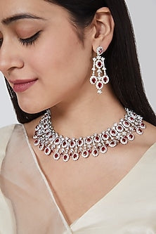 White Finish Red Faux Diamond Necklace Set