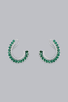 White Finish Green Stone & Zircon Stud Earrings