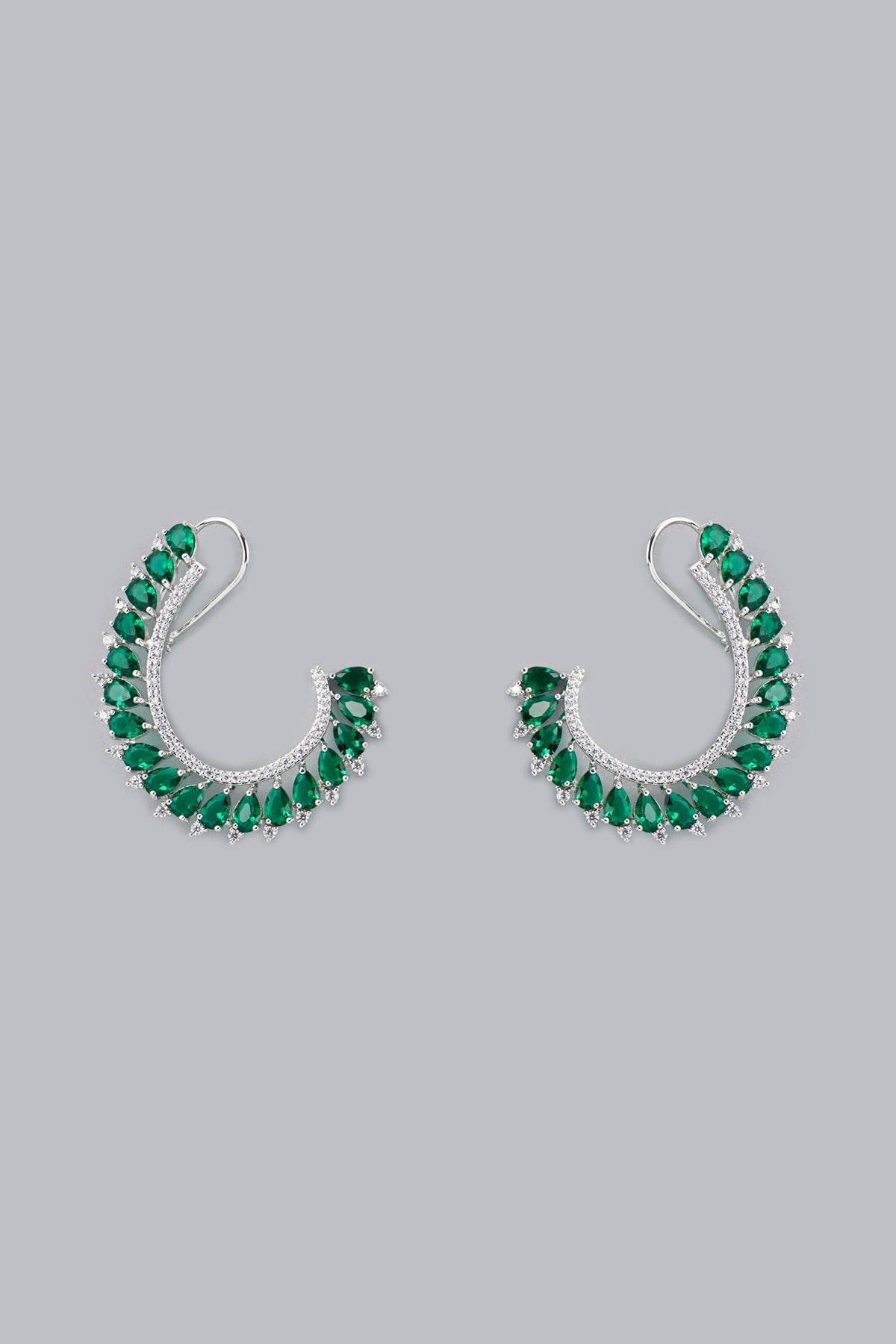 White Finish Green Stone & Zircon Stud Earrings