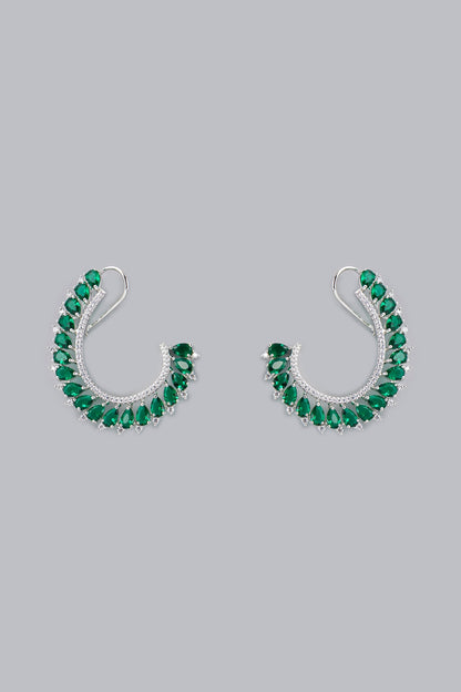 White Finish Green Stone & Zircon Stud Earrings