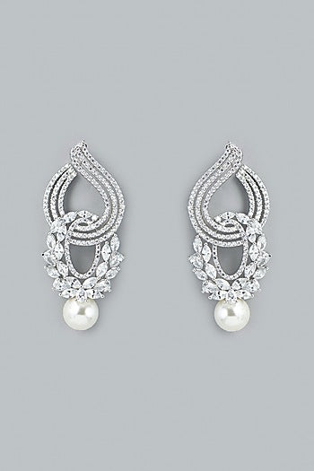 White Finish Faux Diamond Dangler Earrings