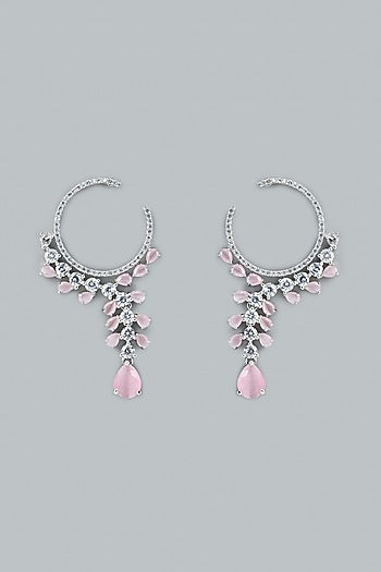 White Finish Pink Stone Dangler Earrings