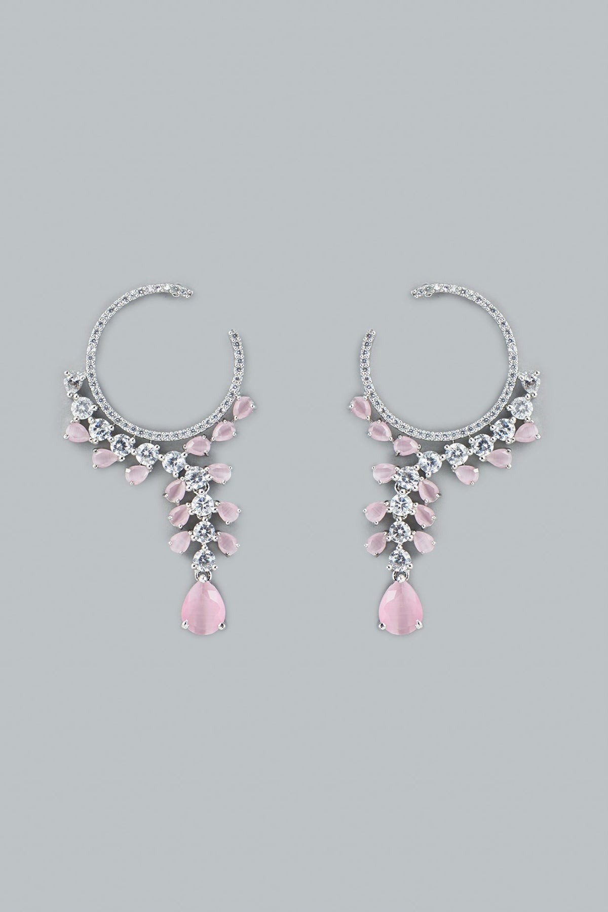 White Finish Pink Stone Dangler Earrings
