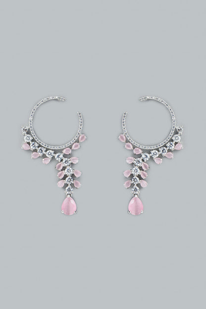 White Finish Pink Stone Dangler Earrings