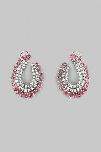 White Finish Faux Diamond & Red Stone Stud Earrings