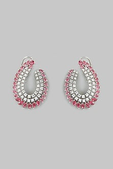 White Finish Faux Diamond & Red Stone Stud Earrings