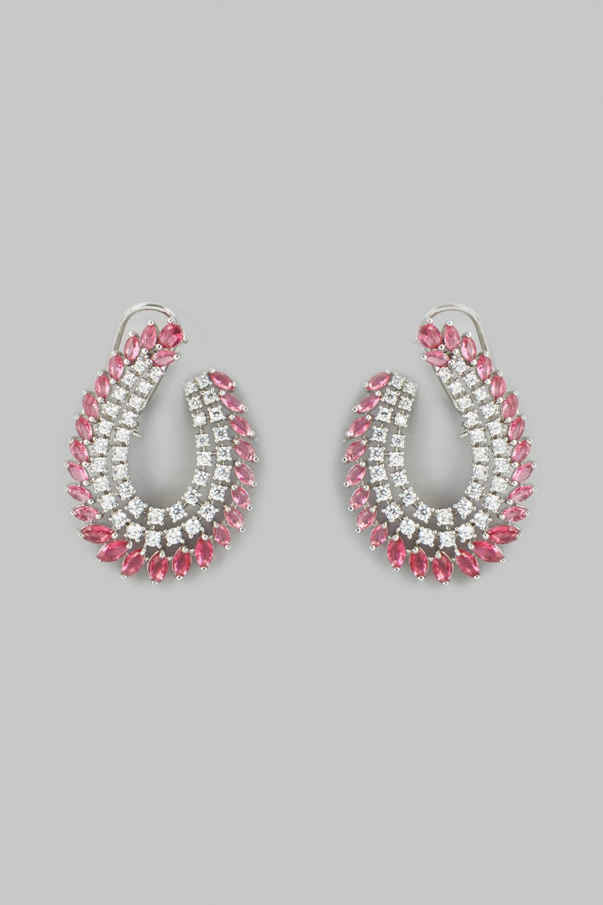 White Finish Faux Diamond & Red Stone Stud Earrings