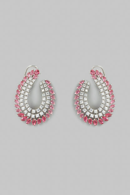 White Finish Faux Diamond & Red Stone Stud Earrings