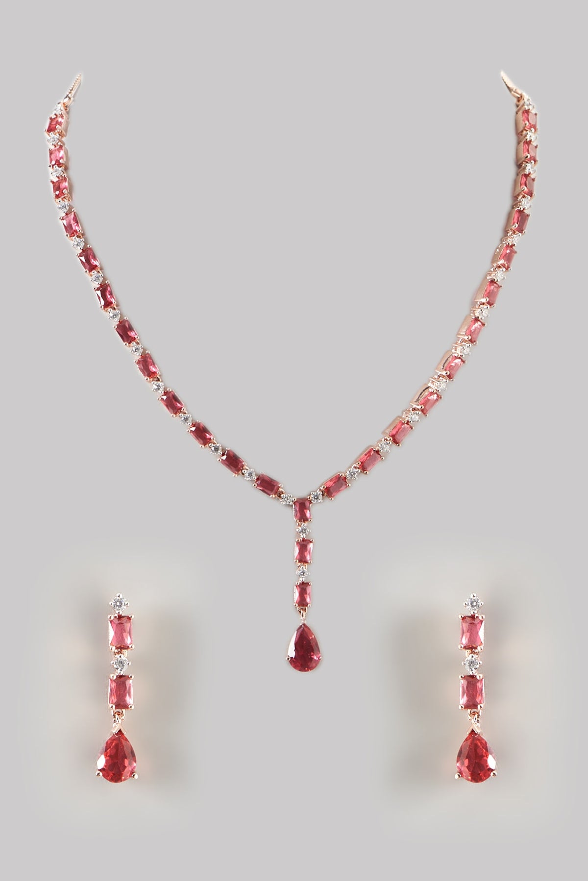 Rose Gold Finish Zircon & Synthetic Ruby Necklace Set