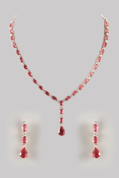 Rose Gold Finish Zircon & Synthetic Ruby Necklace Set