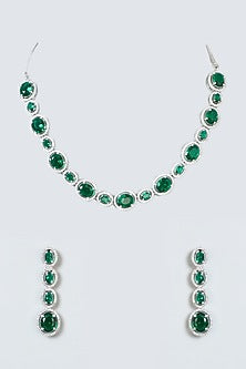 White Finish Zircon & Green Stone Choker Necklace Set