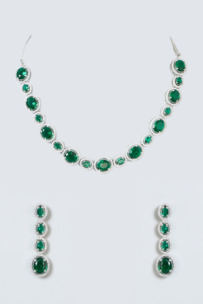 White Finish Zircon & Green Stone Choker Necklace Set