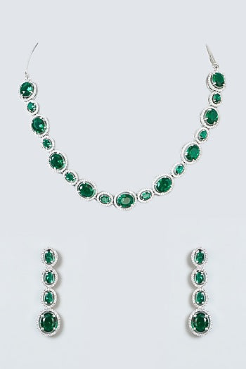 White Finish Zircon & Green Stone Choker Necklace Set