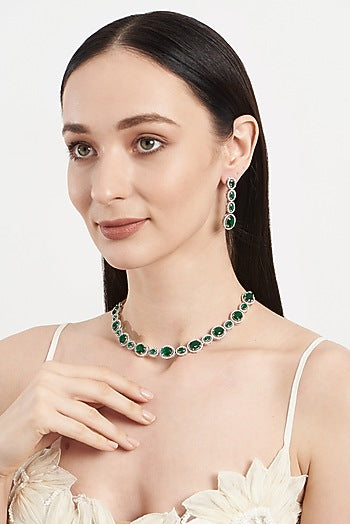 White Finish Zircon & Green Stone Choker Necklace Set