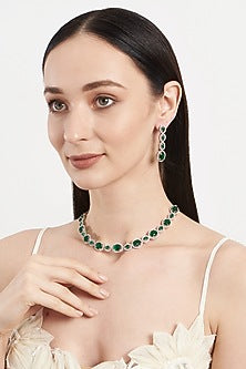 White Finish Zircon & Green Stone Choker Necklace Set