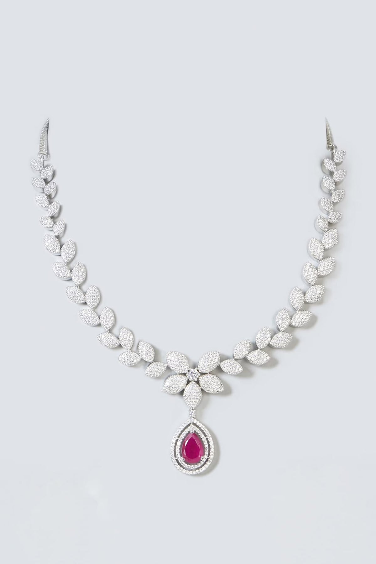 White Finish Zircon & Red Stone Necklace