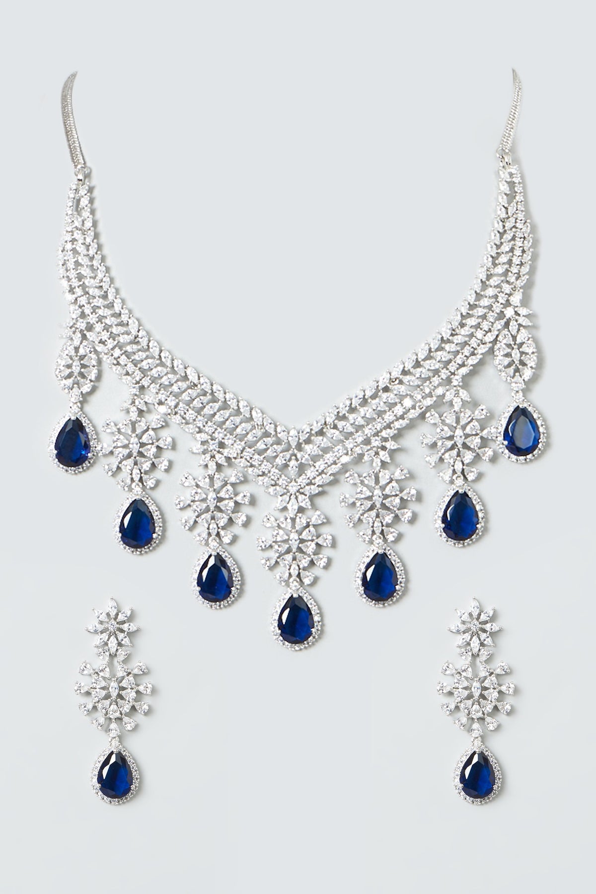 White Finish Zircon & Blue Drop Stones Necklace Set